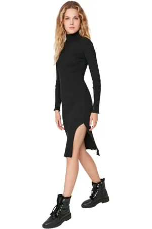 Trendyol Damen Gerade Midi Lange Ärmel Lässig Schlank Kleid Vestito, Black, L da Donna