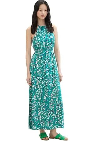 TOM TAILOR 1042005 Abito Maxi con Allacciatura al Collo, 35333-Abstract Green DOT Print, S Donna