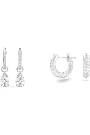 Swarovski Orecchini pendenti Attract, Taglio Pear, Bianchi, Placcato rodio & Orecchini a cerchio Stone, Pavé, Piccoli, Bianchi, Placcato rodio
