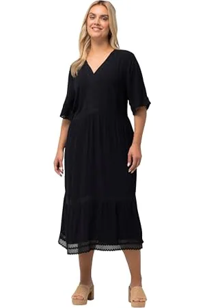 Ulla Popken Abito a Tunica Midi in Pizzo, Linea A, Scollo a V, Mezza Manica Vestito, , 64-66 Donna
