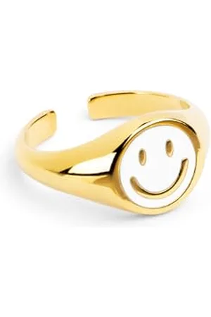 SINGULARU Anello Smiley White Enamel. Regolabile. Ottone con Finitura Placcata 18Kt. Misura Unica. Gioielli da Donna