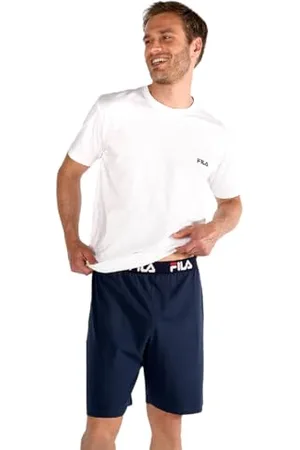 Fila Pigiama Uomo Cotone 100%, Set Maglietta e Pantaloni Corti Uomo, Morbido e Confortevole, Bianco, Blu, Taglie S