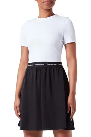 Calvin Klein Jeans Abito Donna Maniche Corte, Multicolore (Bright White / Ck Black), XS