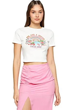 Koton Crop-Maglietta a Maniche Corte con Stampa Slogan T-Shirt, (010), M Donna