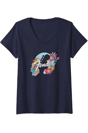 Fender Spring Time Flower Covered Guitar Silhouette Logo Maglietta con Collo a V