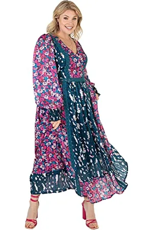 Lovedrobe Womens Maxi Plus Size Dress Ladies Long Sleeve Flower Pattern V Neckline Back Lace Cuffs for Summer Office Party Vestito, , 54 Donna