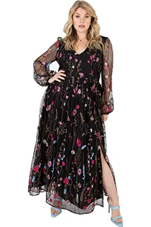 Lovedrobe Ladies Maxi Dress for Women Plus Size Curve Embroidered Flowers Mesh Long Sleeve Bishop V Neckline Slit Split Black Vestito, 52 Donna