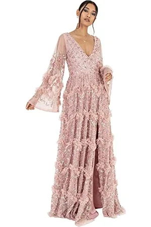 Maya Deluxe Ladies Womens Maxi Dress V Neckline Sequin with Ruffle Empire Waist Slit Split for Prom Ball Bridesmaid Wedding Guest Vestiti, , 40 EU da Donna