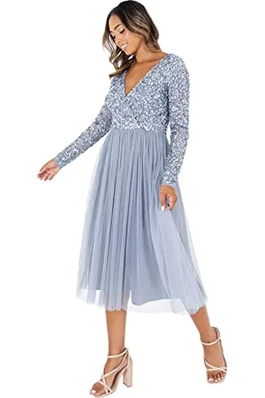 Maya Deluxe Womens Ladies Wedding Guest Midi Dress Long Sleeve Plunging Neckline V Neck Sequin Embellished Graduation Vestito per Damigella d’Onore, Blu Polvere, 48 Donna