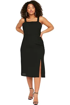 Trendyol Women Plus Size Midi Bodycon Fitted Woven Plus Size Dress, Abito Taglie Forti da Donna Aderente Midi Aderente in Tessuto Taglie Forti Donna, Black