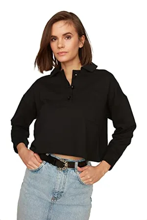 Trendyol Black Polo Collar Crop Shardone Knittone-Felpa Maglia di Tuta, , XL Donna