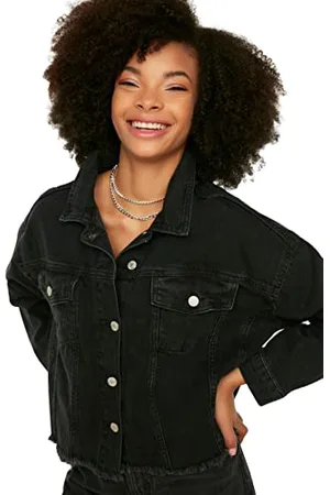 Trendyol Black Skirt Tip Tassels Crop Denim Jacket Giacca di Jeans Corta con Nappe e Punta della Gonna Nera, , XS da Donna