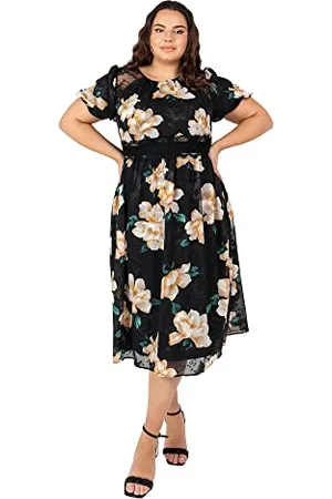Lovedrobe Womens Plus Size Dresses Summer Dress for Ladies with Pockets Short Ballon Sleeve Crew Neck Midi Length Lace Floral Vestito, , 52 Donna