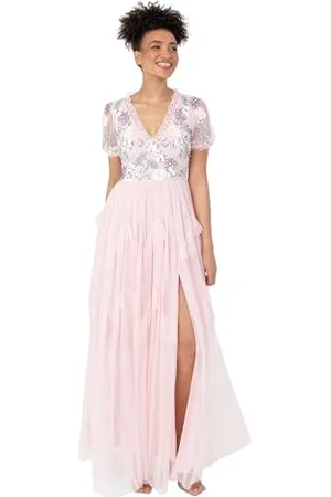 Maya Deluxe Maxi Dress da Donna, Maniche Corte, Tulle, con Scollo a V, in Pizzo NAN, , 46