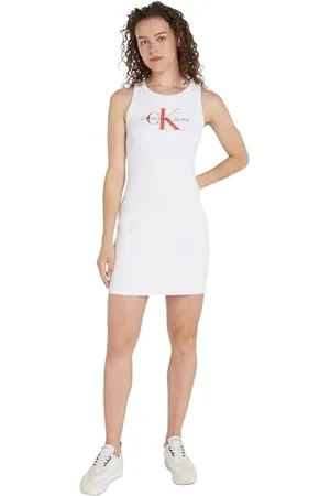 Calvin Klein Jeans Abito Donna Rib Tank Dress senza Maniche, (Bright White), M