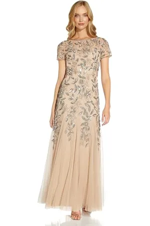 Adrianna Papell Floral Beaded Godet T-Shirt, Beige(Beige (Taupe/Pink), Taglia Produttore: 14 Donna