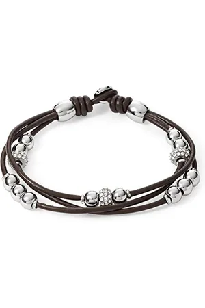 Fossil Bracciale da Donna in Vera Pelle e Perline in Acciaio Inossidabile, Marrone (Castano)/Acciaio, 19 cm, JA6068040