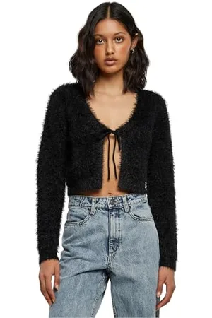 Urban classics Ladies Tied Cropped Feather Cardigan Maglione, Black, XL Donna