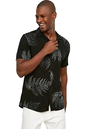 Trendyol Black Male Regular Fit Apaş Collar Patterned Manica Short Sleeve Dormed Shirt Maglia, , M Uomo