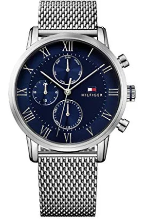 Tommy Hilfiger Orologio Multifunzione al Quarzo da Uomo di 44mm con Quadrante Blu, Cassa in Acciaio Inossidabile e Bracciale in Rete, Resistente all