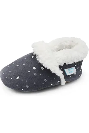 Dotty Fish Pantofole da bambini in pelle scamosciata. Foderato in felpa calda. Scarpe per bambini piccoli. Grigio con . 3-4 Anni (EU27)