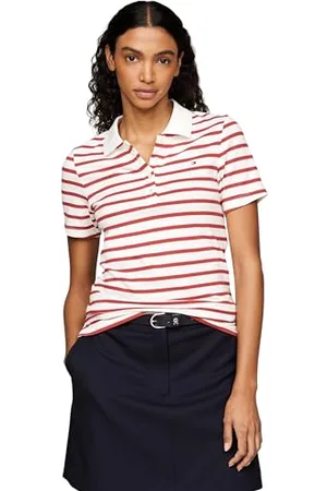 Tommy Hilfiger Donna Maglietta Polo Maniche Corte Stripe Slim Fit, Multicolore (Breton STP/Ecru/Terra Red), XS