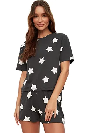 Trendyol Women Geometric Pattern Middle Knit T-Shirt-Short Pajama Set Pigiama, , L (Pacco da 2) Donna