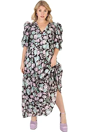 Lovedrobe Womens Ladies Maxi Dress Plus Size Curve 3/4 Sleeve Puffed V Neck High Empire Waist Long for Summer Party Vestito, Black, 50 Donna