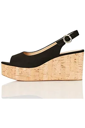FIND FIND Cork Peep Toe Sling Back Wedge - Scarpe col tacco punta aperta Donna, (Black), 39 EU