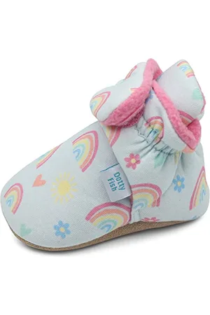 Dotty Fish Stivaletti Neonato - Scarpe Invernali Comode e Calde in Cotone - Suola in Suede Antiscivolo - Foderati in Pile - Blu con arcobaleni e cuori - 12-18 Mesi.