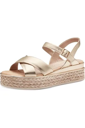 Marco Tozzi Sandali Donna con Tacco a Zeppa con Cinturino Regolabile in Pelle, (Gold), 42 EU