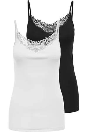 ONLY Kira Lace Singlet 2 Pack Canottiera Donna, Nero , 42