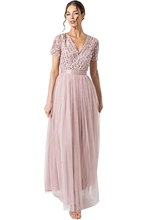 Maya Deluxe Maxi Dress for Women Ladies Bridesmaid V-Neck Ball Gown Short Sleeves Long Elegant Empire Waist Wedding Vestito per Damigella d’Onore, Rosa Satinato, 46 Donna