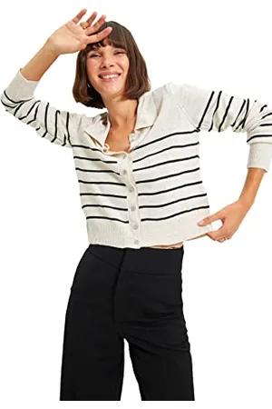 Trendyol Beige Polokragen Gestreifte Strickwaren-Strickjacke Maglione Cardigan, M Donna