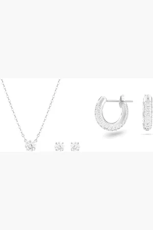 Swarovski Set Attract, Taglio tondo, Bianco, Placcato rodio & Orecchini a cerchio Stone, Pavé, Piccoli, Bianchi, Placcato rodio