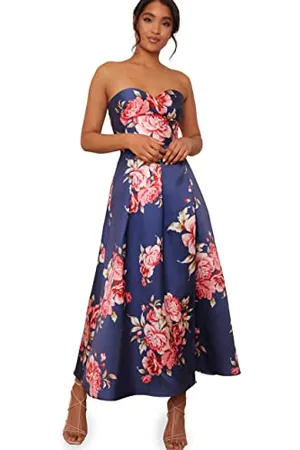 Chi Chi London Abito Senza Spalline con Stampa Floreale in Blu Navy Vestito da Cocktail, , 44 Donna