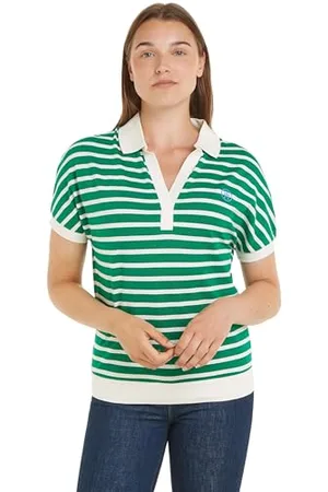 Tommy Hilfiger Maglietta Polo Maniche Corte Donna Regular Fit, Multicolore (Breton Ecru/Olympic Green), L