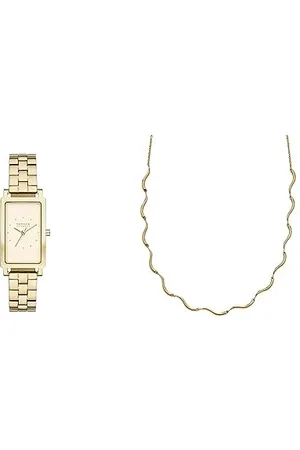 Skagen Orologio Hagen da donna e collana con catena a onde, movimento a tre lancette, acciaio inossidabile dorato