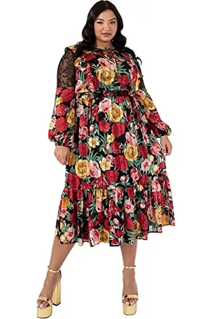 Lovedrobe Abito da Donna, in Taglie Forti, Abito Midi, da Sera, con Maniche Lunghe, Scollo in Rete, Motivo Floreale Rose, Linea ad A