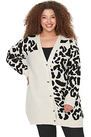 Trendyol Cardigan Oversize con Scollo a V Leopardo Taglie Forti Maglione, , XL Donna