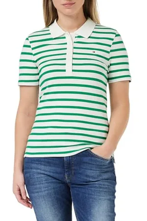 Tommy Hilfiger 1985 Slim Pique Stripe Polo SS WW0WW39530 Maniche Corte, (Breton Ecru/Olympic Green), L Donna