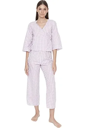 Trendyol Damen Gestreift Mitte Webstoff T-Shirt-Hose Pyjama, Set Pigiama da Donna,