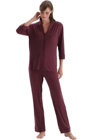 Dagi Long Sleeve Velvet Strip Detailed Shirt Pants Pajamas Suit, Set Pigiama da Donna,