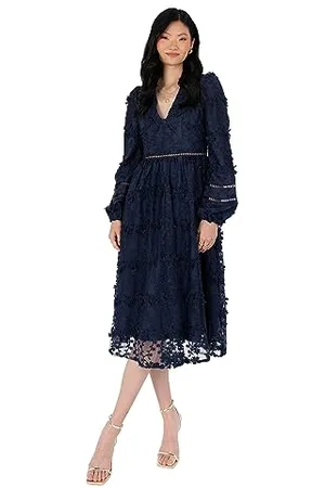 Maya Deluxe Womens Midi Dress Ladies Floral Embroidered Lace Long Sleeve V-Neck for Wedding Guest Bridesmaid Prom Occasion Ball Gown Vestiti, , 46 da Donna