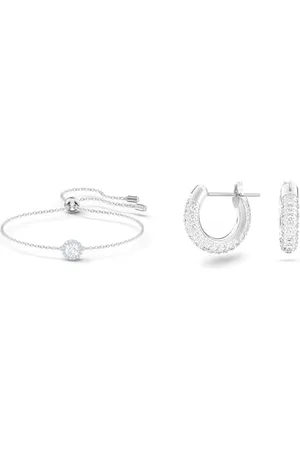 Swarovski Braccialetto Angelic, Taglio tondo, Bianco, Placcato rodio & Orecchini a cerchio Stone, Pavé, Piccoli, Bianchi, Placcato rodio
