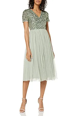 Maya Deluxe Abito da Sera Midi Impreziosito per Le Donne Scollo a V delle Signore con Manica Corta per Il Matrimonio di Promenade Vestito per Damigella d’Onore, Giglio Verde, 46 Donna