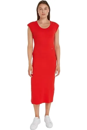 Tommy Hilfiger Slim Rib Drs Midi cap Sleeve WW0WW41273 Vestiti Aderenti, (Fierce Red), S Donna