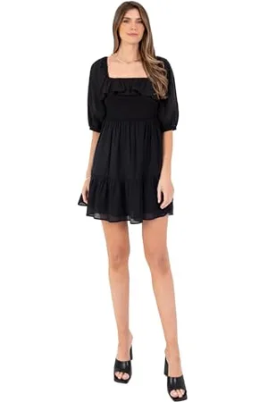 Lovedrobe Mini Abito da Donna con Scollo Quadrato, Maniche Corte a Sbuffo, vestibilità Svasata, Linea ad A, Stile Casual, con Vita arricciata Vestito, , 52