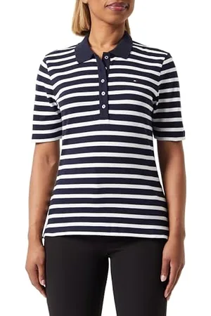 Tommy Hilfiger 1985 Reg Pique Stripe Polo SS WW0WW39531 Maniche Corte, (Breton Desert Sky/Ecru), 3XL Donna