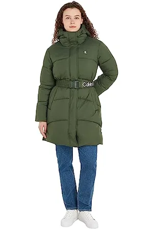 Calvin Klein Jeans Cappotto Donna Logo Belt Long Puffer Invernale, (Thyme), XS